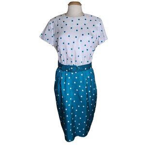 Vtg Leslie Fay Dress Size 14 Teal Green & White Polka Dot Matching Belt